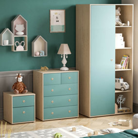 Junior Vida Neptune Blue & Oak 3 Piece Bedroom Furniture Set - Bedside Table, Drawer Chest, Wardrobe