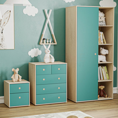 Junior Vida Neptune Blue & Oak 3 Piece Bedroom Furniture Set - Bedside Table, Drawer Chest, Wardrobe