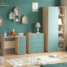 Junior Vida Neptune Blue & Oak 3 Piece Bedroom Furniture Set - Desk, Drawer Chest, Wardrobe