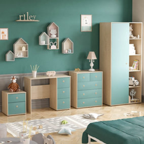 Junior Vida Neptune Blue & Oak 4 Piece Bedroom Furniture Set - Desk, Bedside Table, Drawer Chest, Wardrobe
