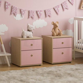 Junior Vida Neptune Pink & Oak 2 Drawer Bedside Table Cabinet Chest, Set of 2