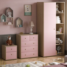 Junior Vida Neptune Pink & Oak  3 Piece Bedroom Furniture Set - Bedside Table, Drawer Chest, Wardrobe