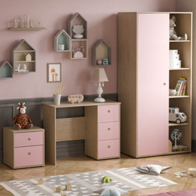 Junior Vida Neptune Pink & Oak  3 Piece Bedroom Furniture Set - Desk, Bedside Table, Wardrobe