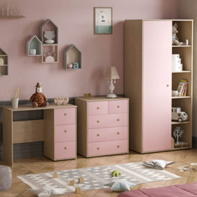 Junior Vida Neptune Pink & Oak 3 Piece Bedroom Furniture Set - Desk, Drawer Chest, Wardrobe