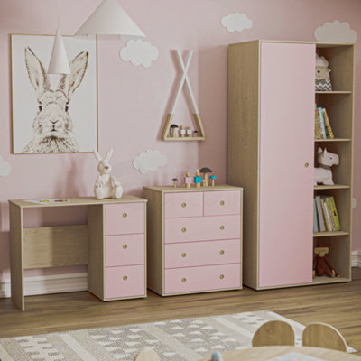 Junior Vida Neptune Pink Oak 3 Piece Bedroom Furniture Set Desk Drawer Chest Wardrobe