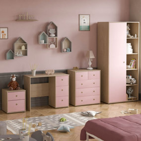 Junior Vida Neptune Pink & Oak 4 Piece Bedroom Furniture Set - Desk, Bedside Table, Drawer Chest, Wardrobe