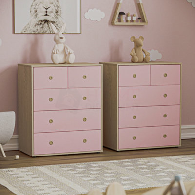 Junior Vida Neptune Pink & Oak 5 Drawer Chest Of Drawers Cabinet, Set of 2