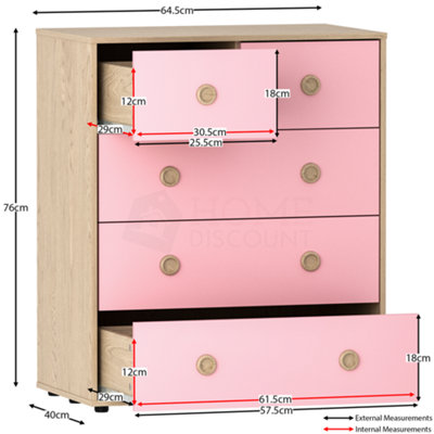 Junior Vida Neptune Pink & Oak 5 Drawer Chest Of Drawers Cabinet, Set of 2