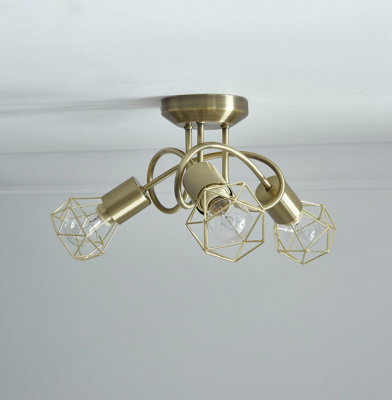 Juno Antique Brass 3lt Ceiling Fitting with Brass Wired Shades