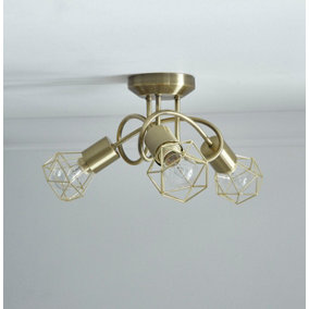 Juno Antique Brass 3lt Ceiling Fitting with Brass Wired Shades