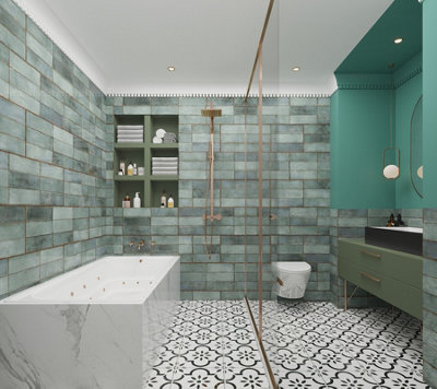 Juno Emerald green 30x90cm wall tile project pack. 4 packs of 6 tiles with coverage of 6.48 SQR MTRS.