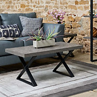 Jupiter Coffee Table Industrial Faux Concrete Top with Crossed Metal Legs