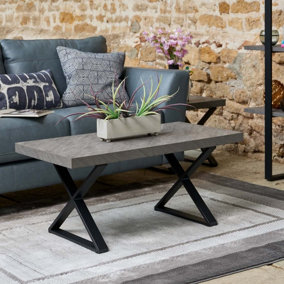Jupiter Coffee Table Industrial Faux Concrete Top with Crossed Metal Legs