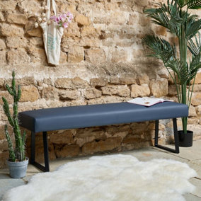 Jupiter Flat Bench in Navy Faux Leather with Metal Legs