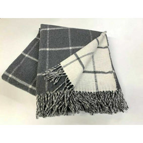 Just So Home Luxury Brushed Cotton Fleece Check Blanket (Grey Windowpane Check 130cm x 170cm)