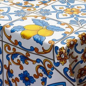 Just So Home Spanish Tile Lemon/Blue PVC Tablecloth Garden Kitchen Outdoor (135cm Round)
