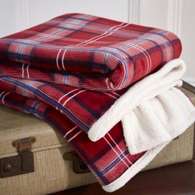 Just So Home Tartan Check Red and Blue Luxury Reversible Ultra Plush and Sherpa Fleece Throw 130cm x 180cm