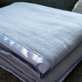 Just So Home Traditional 100% Pure Wool Solid Weave Blanket with Satin Ribbon Trim (Blue, Single)