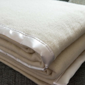 Just So Home Traditional 100% Pure Wool Solid Weave Blanket with Satin Ribbon Trim (Cream, Single)