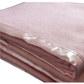 Just So Home Traditional 100% Pure Wool Solid Weave Blanket with Satin Ribbon Trim (Pink, King)
