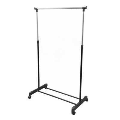 JVL Adjustable Garment Rack On Wheels – Metal Clothing Rail, Black, 107-170cm Height