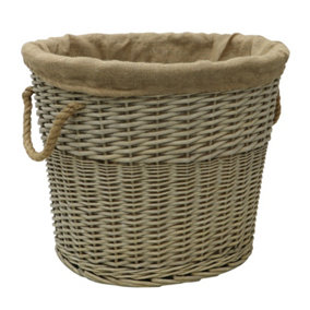 JVL Antiques Wash Canvas Lined Oval Log Basket with Rope Handles