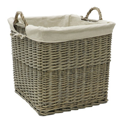 JVL Antiques Wash Canvas Lined Rectangle Log Basket with Loop Handles