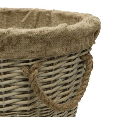JVL Antiques Wash Canvas Lined Round Log Basket with Rope Handles
