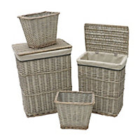 JVL Arianna Rectangular Willow Baskets, Set of 2 Laundry Baskets and 2 Waste Paper Bins, Grey Wash