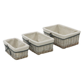 JVL Arianna Rectangular Willow Storage Basket, Set of 3, Grey Wash
