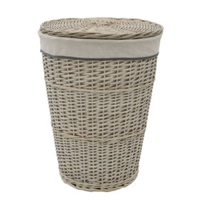 JVL Arianna Round Tapered Willow Linen Laundry Basket, Grey Wash