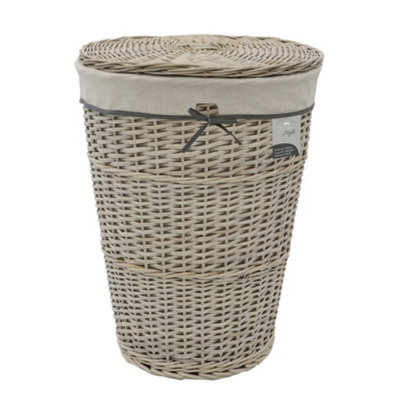 JVL Arianna Round Tapered Willow Linen Laundry Basket, Grey Wash