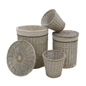 JVL Arianna Round Willow Baskets, Set of 2 Laundry Baskets and 2 Waste Paper Bins, Grey Wash