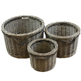 JVL Chunky Willow Round Set of 3 Storage Baskets with Handles Home Kitchen