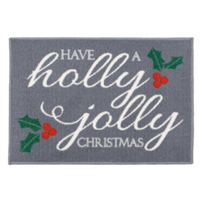 JVL Festive Christmas Machine Washable Indoor Doormat, 40x57cm, Holly Jolly, Grey