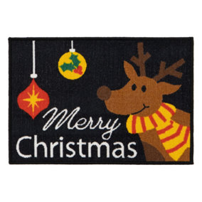 JVL Festive Christmas Machine Washable Indoor Doormat, 40x57cm, Merry Christmas, Black