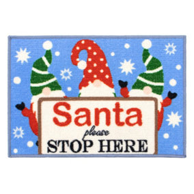 JVL Festive Christmas Machine Washable Indoor Doormat, 40x57cm, Santa Stop Here, Blue