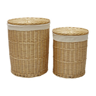 JVL Hand Woven Acacia Set of 2 Round Laundry Willow Baskets with 2 Waste Paper Baskets, Honey Finish