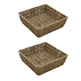JVL Hand Woven Seagrass Square Storage Tray, 4.2L Capacity, Set of 2