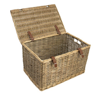 JVL Handmade Buff Wicker Hampers with Faux Leather Straps, Large