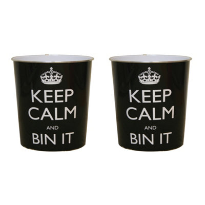 JVL Keep Calm and Bin it, Black Wastepaper Bin, 25x26.5cm, Set of 2