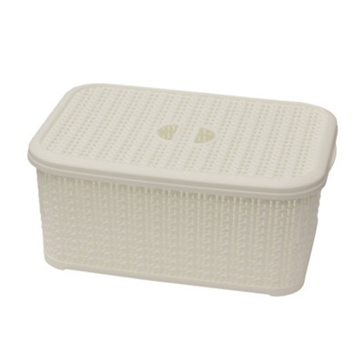 JVL Knit Design Loop Plastic Lidded Rectangular Storage Basket with Handles, Ivory