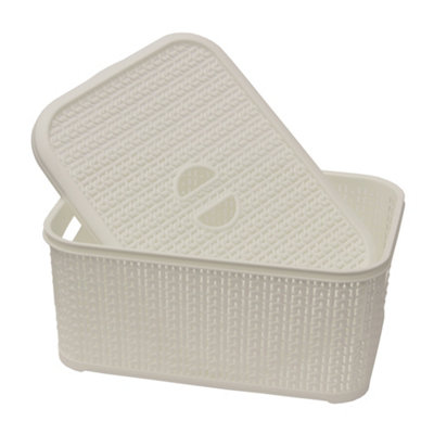 JVL Knit Design Loop Plastic Lidded Rectangular Storage Basket with Handles, Ivory