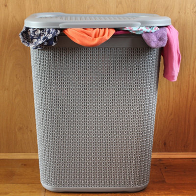 JVL Knit Design Loop Plastic Rectangular Lidded Washing Laundry Basket, Grey