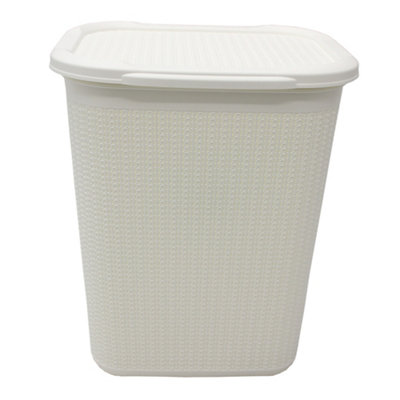 JVL Knit Design Loop Plastic Rectangular Lidded Washing Laundry Basket, Ivory