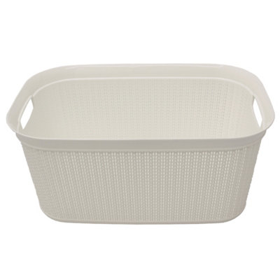 JVL Knit Design Loop Plastic Rectangular Linen Washing Basket with Handles, 38L, Ivory
