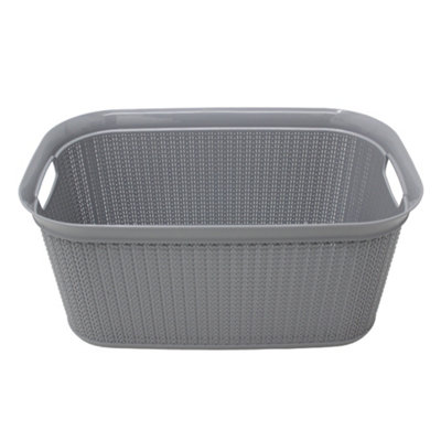 JVL Knit Design Loop Plastic Rectangular Linen Washing Basket with Handles, Grey