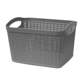 JVL Knit Design Loop Plastic Rectangular Small Storage Basket with Handles, Grey