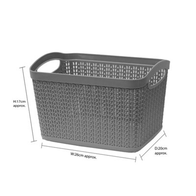 JVL Knit Design Loop Plastic Rectangular Small Storage Basket with Handles, Grey