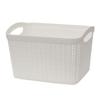 JVL Knit Design Loop Plastic Rectangular Small Storage Basket with Handles, Ivory